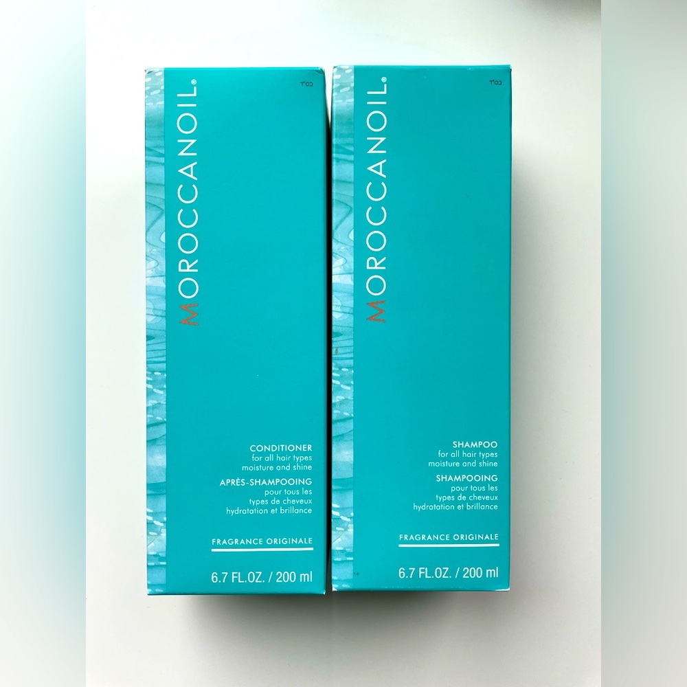 New, never opened Moroccanoil Moisture and Shire shampoo and conditioner